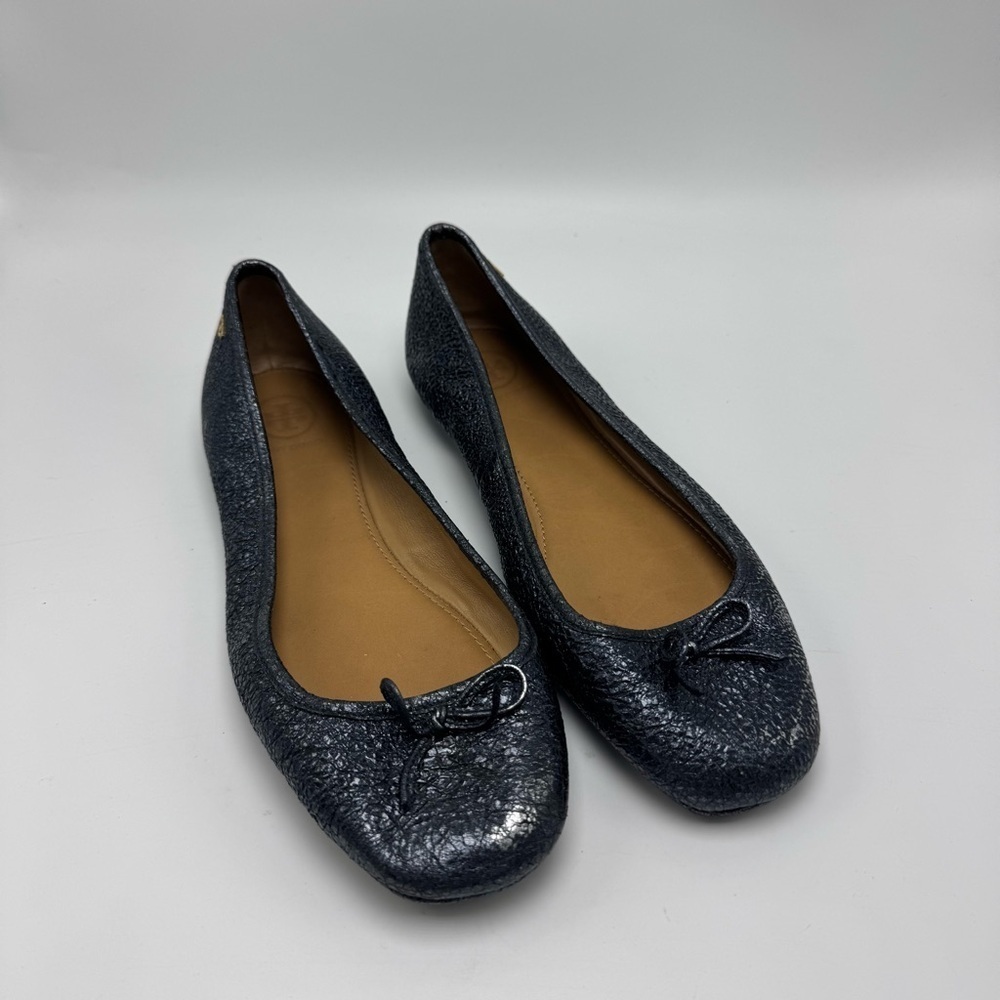 Tory Burch Laila 2 Driver Ballet Flats Size 7 Blue Metallic Leather Classic